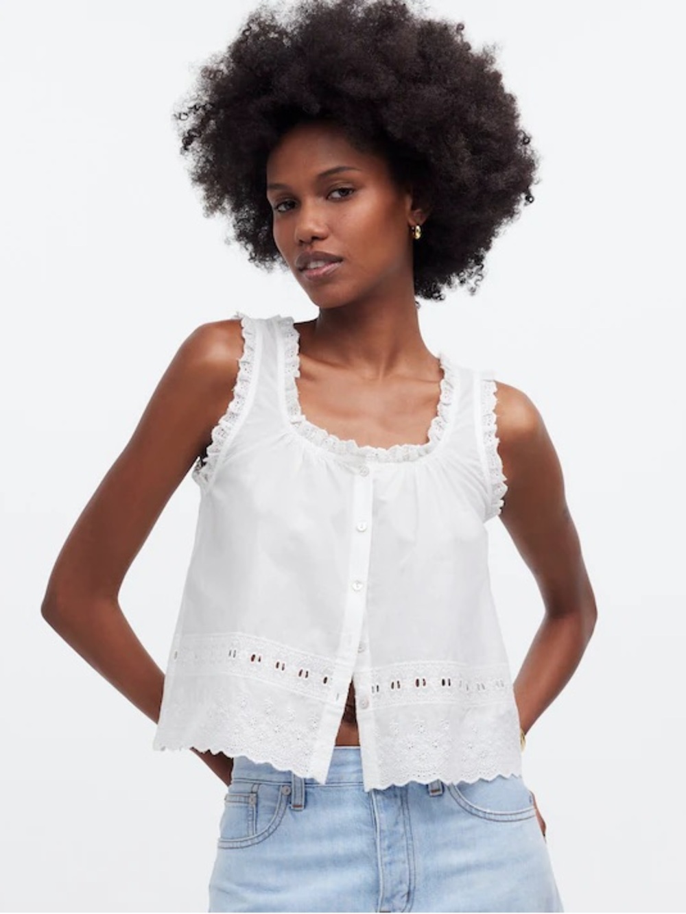 Madewell embroidered ruffle trim top